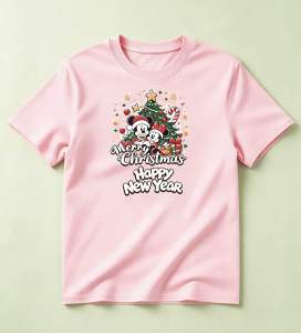Red T-shirt with Mickey and Minnie Mouse Christmas design Merry Christmas Happy New Year