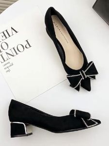 Korean Black Shoes with Heels Fashion Bowknot Pointed Toe Office Close Shoes for Women