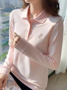 Pure Cotton Long Sleeve Polo Shirt Women Casual Slim Fit Shoulder Flip Collar T-Shirt Autumn Spring Workwear Logo Embroidery