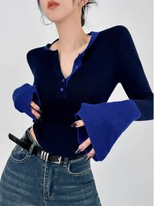 Womens Knitted Base Shirt round Neck Long Sleeve Waist-Cinched Inner Wear Top Color Block Design Button Decoration