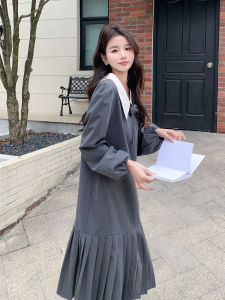 French Style Pleated Long Skirt Womens Dress Baby Doll Collar Bubble Sleeve Casual Slimming Spring Autumn New Arrival A-Line Dress