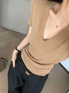 V-Neck Short-Sleeve Fitted T-Shirt Knitted Icesilk Top