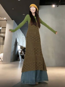 PEIZIXUAN | Elegant Knitted Green Lace Strap Dress Long Dress for Autumn