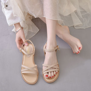 Womens Summer Flat Heel Comfortable Soft Bottom Low Heel Roman Fairy Style Cross Band Sandals Fashionable Versatile Slip-On