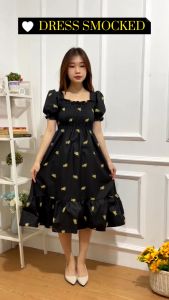 AQILA - Dress Smocked / Korean Dress Wanita Lengan Pendek Dress Motif Bunga Model Tali Belakang