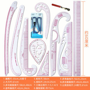 Multi-Functional Clothing Pattern Design Tool Set with 60cm Ruler for Handcraft Pattern Making Curved Line Cutting Sample Making