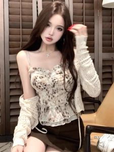 GUZILIAN | Loose Long Sleeve Knitted Cardigan Leopard Print Tank Top Women Summer Set Denim Skirt Mini Skirt Three Piece Set Casual Wear