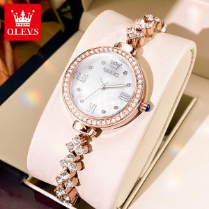 OLEVS watch for women original and exquisite stainless steel diamond chain strap waterproof luminous diamond mother of pearl dial design stylish and elegant quartz relo for women