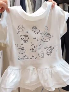 Cotton T-shirt With Ruffled Hem And Cute Cat Prints