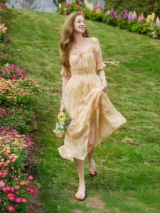 XIANGYING | Flared Waist Floral Print Resort Style Summer Dress
