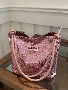 Meria Bright Sequin Bucket Bag Womens Fashionable Shoulder Crossbody Bag for Work Soft Material Zipper Closure Summer Style
