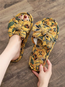 รองเท้าแตะผ้าฝ้ายแท้แบบเงียบสำหรับใส่ในบ้านในช่วงฤดูร้อนสำหรับคู่รัก รองเท้าแตะพื้นนุ่ม สายรัดด้านหน้าแบบผูกโบว์ รองเท้าแตะพื้นนุ่มสำหรับใส่ในบ้าน