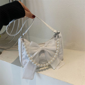 Cute Fashionable Pearl Chain Shoulder Bag for Girls Trendy Crossbody Square Bag Soft Canvas Zipper Closure Casual Butterfly Knot
