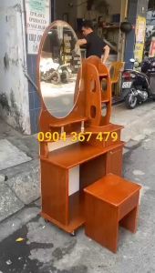[HỎA TỐC HCM] Bàn trang điểm ván ép OKAL - bàn trang điểm giá rẻ màu nâu kính tròn