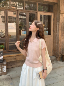 imimtuan | Áo Sweater Cổ Polo Tay Ngắn Nữ Phong Cách Hàn Quốc Màu Đơn