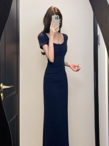 SENWA | French Blue Square Neck Summer Elegant Slim Fitting Long Dress