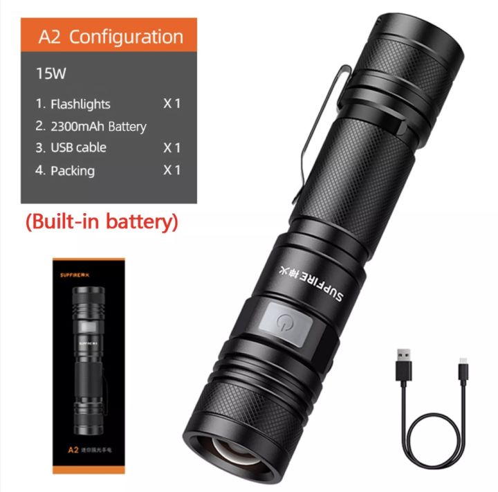 Torcia Superfire A2 – 650 Lumen, Zoom USB, Gittata 200m – Ricaricabile
