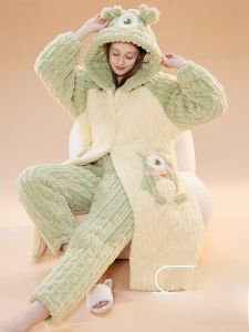 miiow | Thickened Coral Fleece Robe Womens Long Three-Layer Cotton Sleepwear Winter Flannel Home Clothes Padded Hooded Cartoon Style