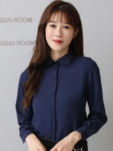 Cobalt Blue Long Sleeve Womens Shirt Versatile Base Layer Fashionable Professional Workwear Korean Style Formal Top