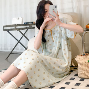 Artificial Cotton Nightdress Womens Summer Thin Sweet Viscose Staple Fiber Pajamas round Neck Loose Large Size Pajamas Rayon Skirt Spring