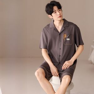 MiiOW | Áo ngủ nam mùa hè MiiOW thoáng khí nhẹ bằng cotton pha trộn vải lụa băng quần short tay ngắn thoải mái mặc ở nhà và ngoài trời