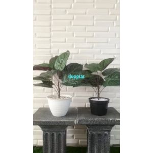 Tanaman Hias Pohon Plastik Daun Alocasia Violet X9 Pot Dasar & Pot Tawon Dekorasi Ruangan Rumah