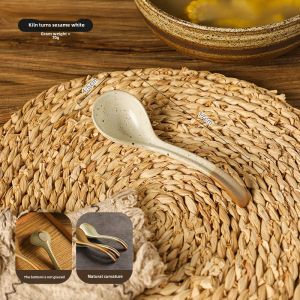 Retro Handmade Ceramic Soup Spoon Dining Utensils Small Soup Spoon Meal Eating Spoon Ceramic Spoon Bowl Soup Drinking Spoon