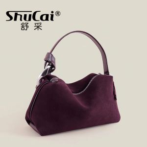 SHUCAI | Ladies Matte Suede Leather Pillow Tote High Quality Women Brown Coffee Handbag Winter Autumn Female Shoulder Crossbody Bag Red
