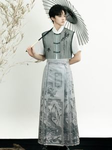 Zhaohua Fu Hanfu Mens Short Sleeve Stand Collar Shirt New Chinese Style Male Model Horse Face Skirt Female Model Summer Tour