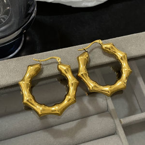 Greatera Chunky Stainless Steel Bamboo Hoop Earrings for Women Gold Plated Geometric Metal Earrings Waterproof Jewelry 2024