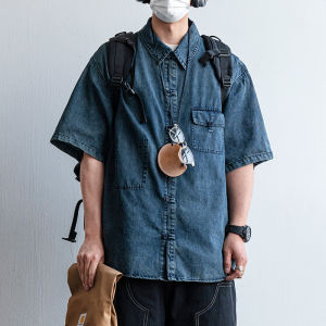 Loose Fit Chinese Style Button up Short Sleeve Denim Shirt Youth Trendy Summer Casual Pure Color Collared Top for Men