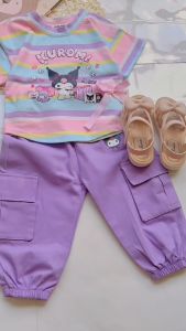 KID FASHION Setelan Baju Anak Perempuan Lengan Pendek Katun Premium Kuromi Celana Panjang Cargo Casual Style Usia  1-4 Tahun