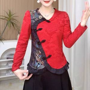 Elegant Chinese Style Womens Shirt Spring Autumn Fashion Small Top Mom High End Personality Blouse Lace Collar Button Detail