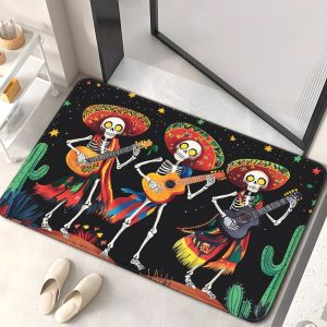 VIKAMA Day of The Dead Doormat Mariachi Skeleton Guitar Cactus Pattern Non‑Slip Floor Mat Indoor Outdoor Festival Entrance Decor