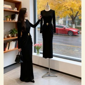 SHANGSHA | Summer Elegance Black Waist-defining Dress