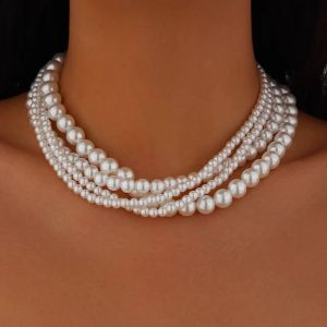 Elegant Multilayer Imitation Pearl Chain Necklace Women Long Black Velvet Ribbon Bow Choker Wed Bridal Banquet Jewelry