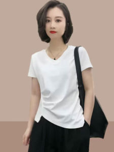 Shalldoer | Cotton Short Sleeve V-Neck Irregular Slimming T-Shirt