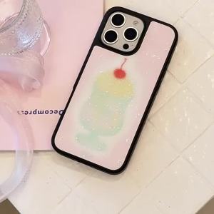 Korean Black Frame Glitter Cherry Juice Cup Phone Case For iPhone 16 15 14 12 13 Pro Max Acrylic Shockproof Protective Cover