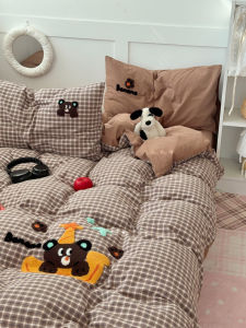 Pure Cotton Washed Towel Embroidery Bear Chocolate Pattern Bedding Set Simple Small Grid All Cotton Quilt Cover Sheet