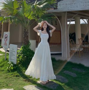 RELNLEX | Đầm Dài Màu Trắng Phong Cách Pháp Đẹp Tôn Dáng Thời Trang Mùa Hè