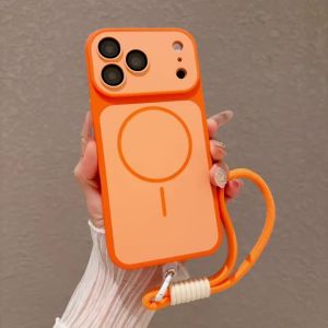 Luxury For Magsafe Magnetic Matte Lanyard Case For iPhone 17 16 15 14 13 Pro Max Air 17 Hand Wrist Strap Large Window Lens Cover