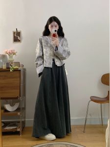New Chinese Style Plus Size Set: Autumn Design Sense National Style Buttoned Dark Pattern Long Sleeve Outerwear Wide Leg Pants