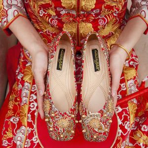 Belle Meiyuan Chinese Style Flat Heel Wedding Shoes Red Maternity Gown Two-Way Large Size Rhinestone Bridal Shoes for Women