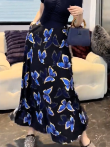 MANMI | Elegant French Style Butterfly Print High Waist Slimming A-Line Skirt