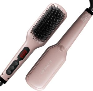 MEGAWISE Hair Straightener Brush Ionic Ceramic Heated Hair Brush Anti-Scald Hot Brush with Auto Shutoff Dual Voltage 360° Swivel Cord for Frizzy Thick Medium Long Hair