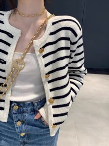 Gold Buckle Contrast Color Stripes round Neck Classic Style Knitting Cardigan Womens Autumn French Loose Short Outer Wear Sweater Outwear