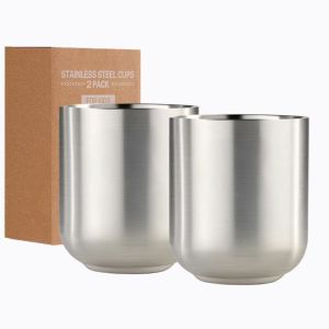 Set of 2 Mugs 9oz Stainless Steel Insulated Metal Cups Double Wall Tumbler Water Cup 280ml for Home Restaurant Camping Drinkware