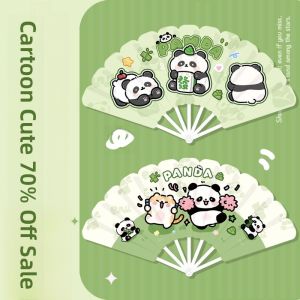 Portable Folding Plastic Fan Summer Green Panda Design Seven-Panel Mini Fan Cute Childrens Handheld Fan for Students
