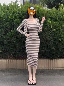 Korean Style Striped Open Cardigan And Strap Dress Two-Piece Set Comfortable Long Sleeve High Waist Autumn Fashion Ensemble