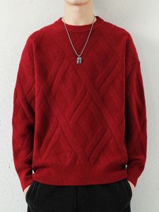 ROMON | Red Knitted Sweater Round Neck Fashion Urban Style Winter New Year Dragon Year Patterned Youth Loose Fit Long Sleeve Thermal Wear